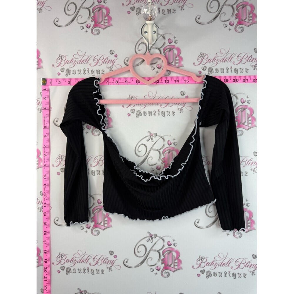 Boohoo crop top off shoulder Black Ribbed Long Sleeve Top White ruffle Trim